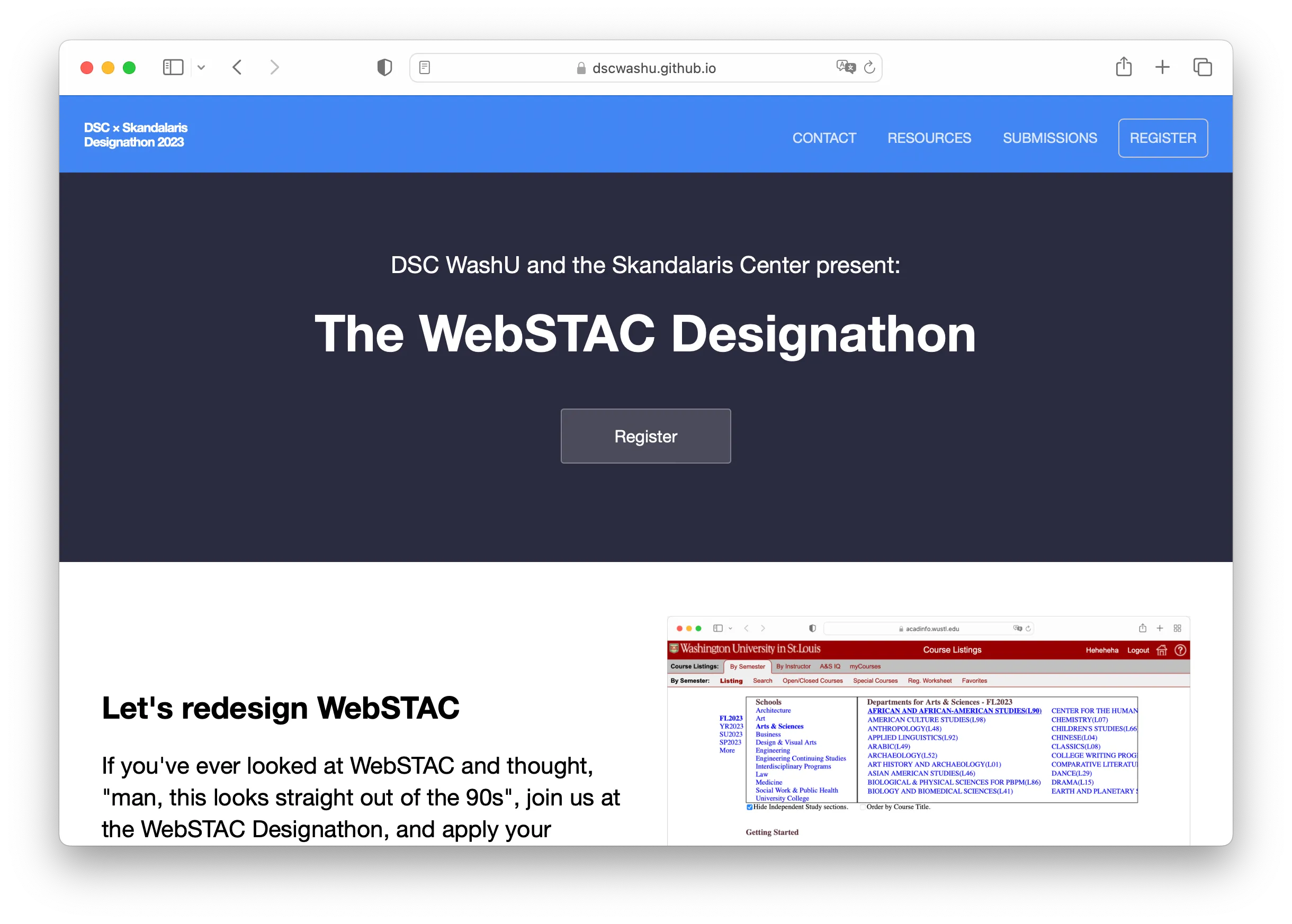 The homepage of the designathon website. There is a button to register and information about the event.
