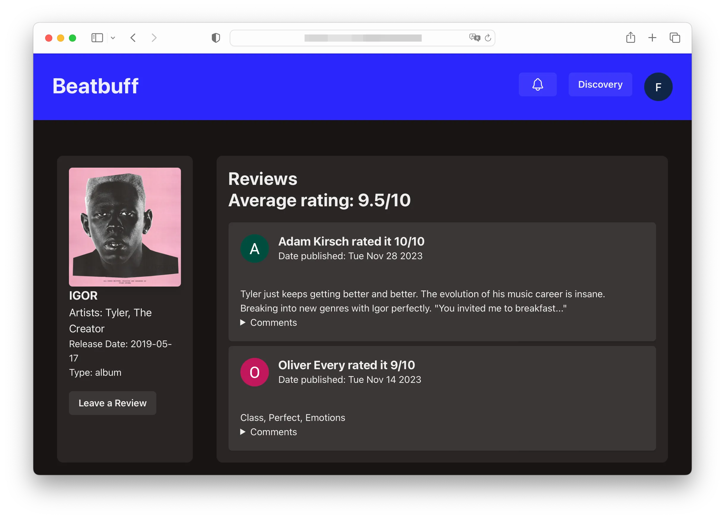 An example album on Beatbuff. There is information about the album and reviews.