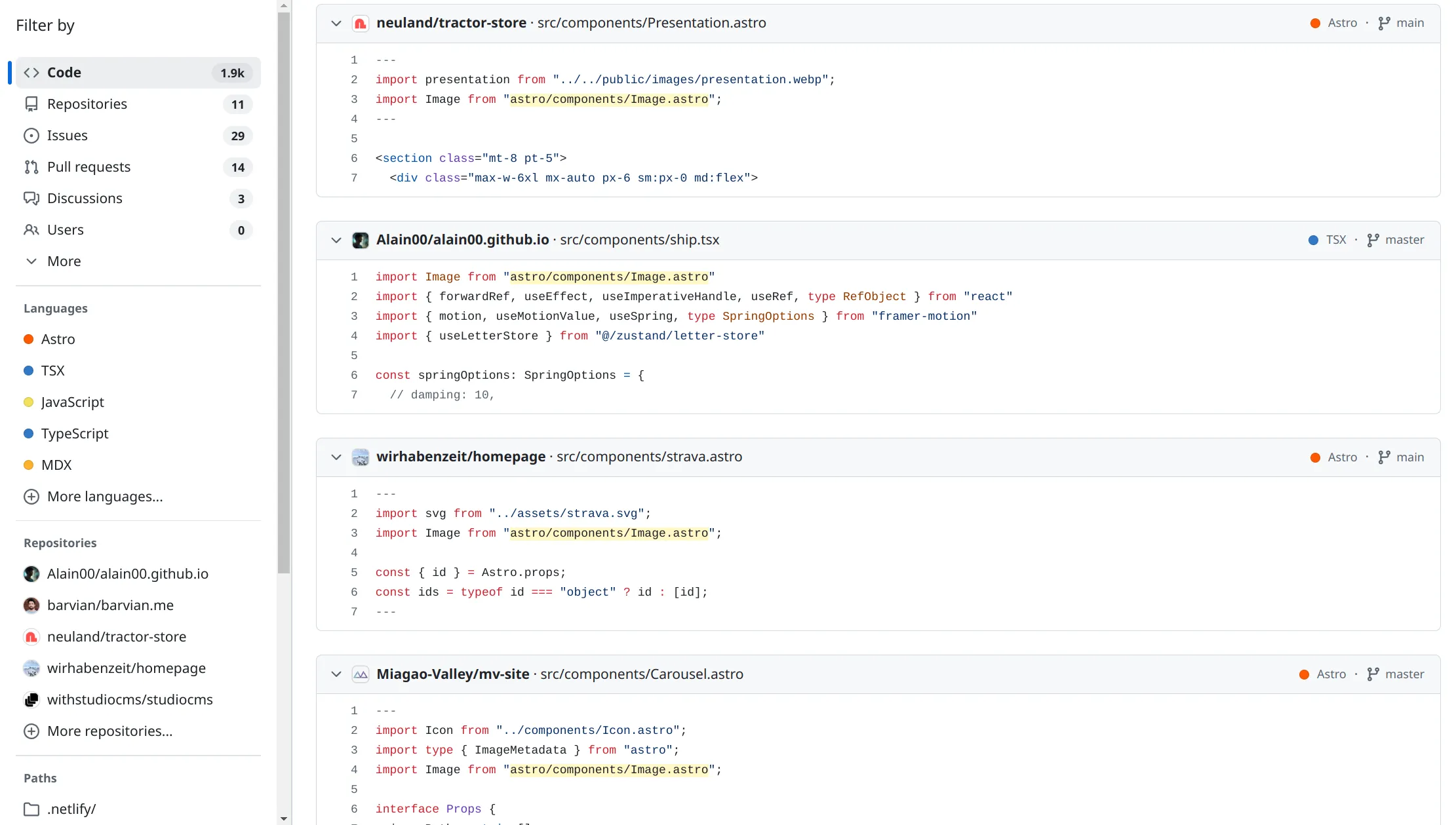 GitHub code search of the problematic import statement, showing 1.9k code matches